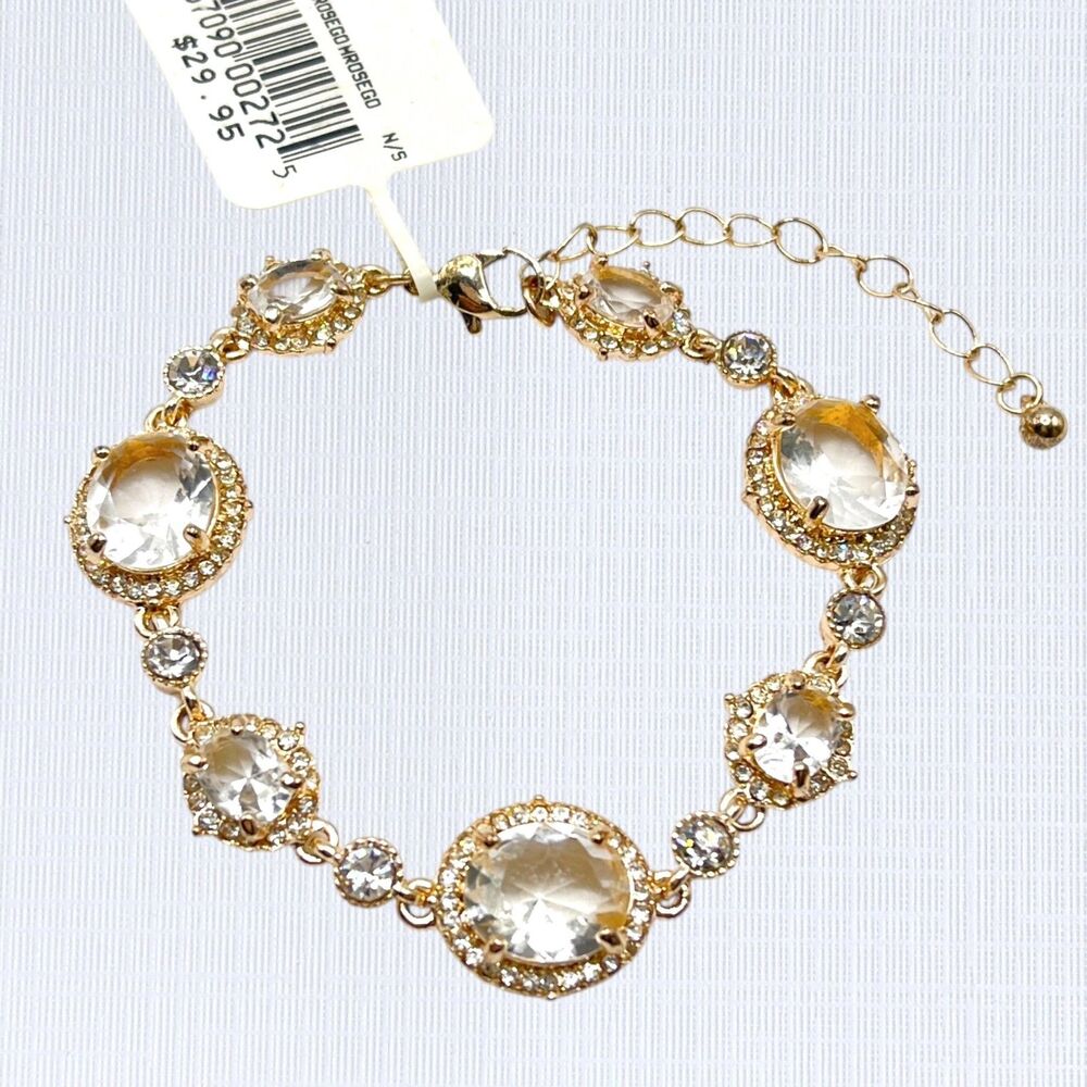 Rose Gold Tone Bracelet Linked Rhinestone Bridal Formal Prom Bling Gift 9" NEW